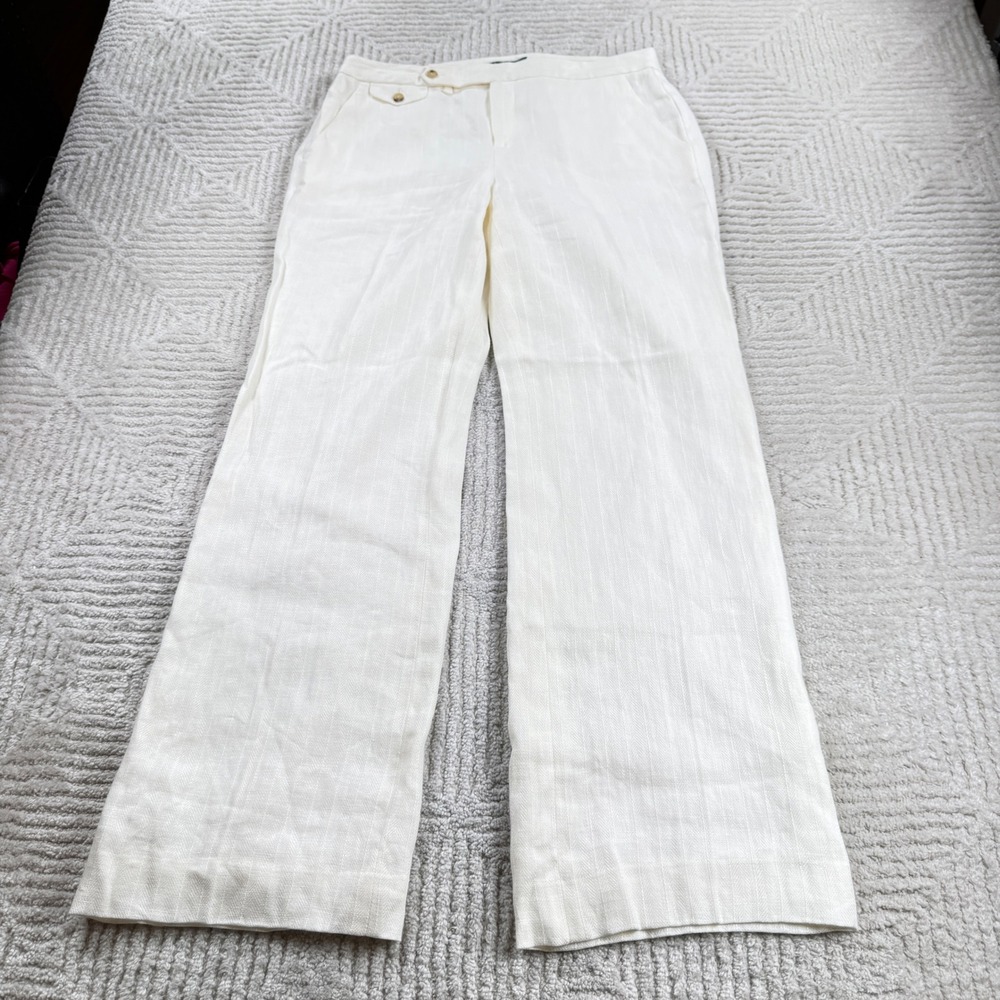 Lauren Ralph Lauren Linen Pants Women 10 White Wide Leg Coastal Resort Old Money